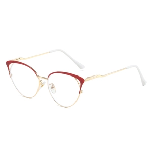 Fashion cat-eye glasses frame with gold metal hollow design and red upper rim accent