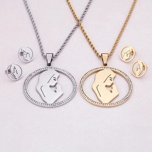 Exaggerated stainless steel round pendant necklace and earrings set with crystal inlay