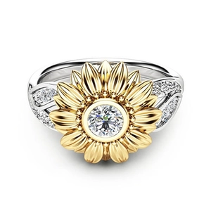 Two-tone 18k gold plated sunflower ring with a sparkling center stone and side accents