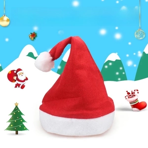 Detailed view of red non-woven Christmas hat with white plush pompom and cartoon background