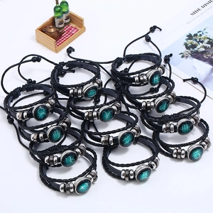 Luminous 12 constellations multilayer braided leather bracelet set with zodiac glass charms