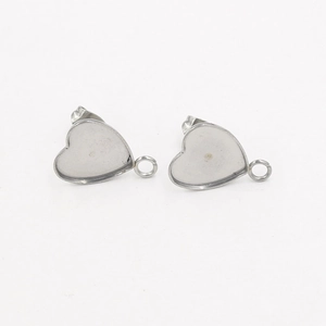 Detailed view of silver stainless steel heart earring studs with hanging loop and post
