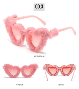 Three-view display of pink heart sunglasses with soft plush texture and gradient lenses