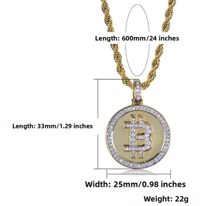 Detailed view of gold Bitcoin pendant with white zircons on rope chain and dimensions