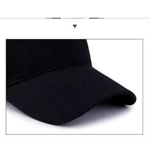 Detailed macro view of black twill cotton baseball cap with structured built-in brim support