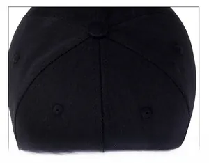 Close-up of black cotton baseball cap top showing six-panel stitching and button detail