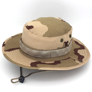 Three-color desert camouflage tactical boonie hat with wide brim and adjustable chin strap