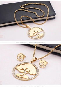 Detailed view of gold plated tree of life jewelry set including necklace and stud earrings