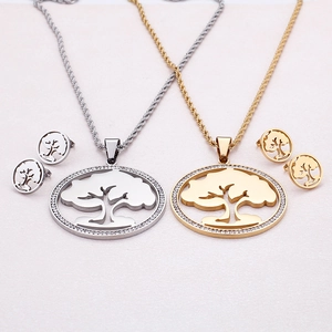 Titanium steel tree of life jewelry set including necklace and earrings in gold and silver