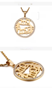 Detailed view of 18K gold plated mama jewelry set with white rhinestones and dimensions