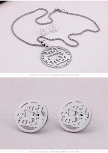 Macro shot of silver titanium steel MAMA jewelry set with necklace and stud earrings