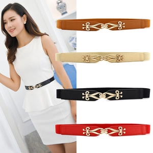 Women's thin elastic waist belt with gold filigree buckle in black red and brown