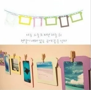 Colorful T-shirt shaped paper photo frames with mini wooden clips and hanging rope set