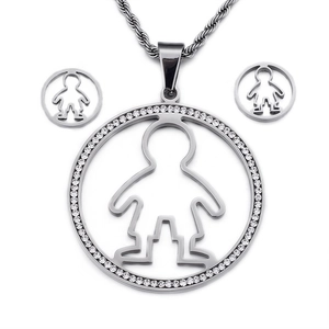 Polished stainless steel jewelry set featuring hollow boy pendant and crystal earrings