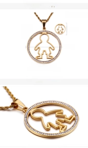 Detail of 18K gold plated hollow pendant and earrings set with sparkling zircon stones