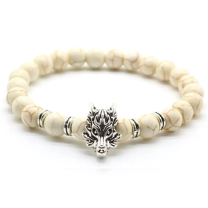 Close-up of men's stone bead bracelet with silver wolf head charm and brown crackle beads