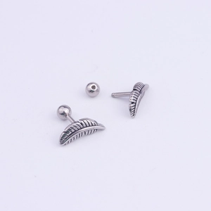 Vintage silver stainless steel feather stud earrings with detailed leaf texture engraving