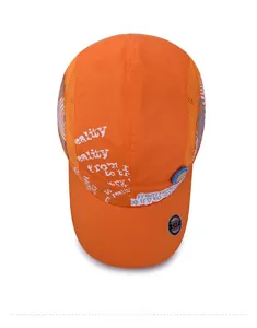 Top view of orange quick-dry kids sports cap with breathable mesh and stylish letter print