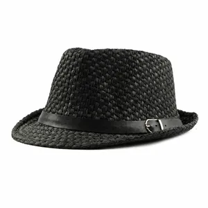 Breathable black woven straw fedora jazz hat with stylish buckle band for sun protection