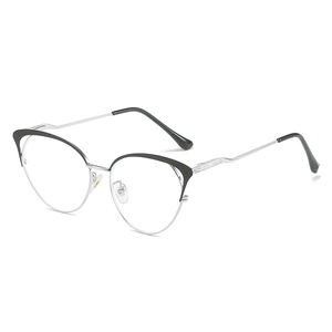 Fashionable cat-eye glasses with hollow two-tone silver metal frame and black brow design
