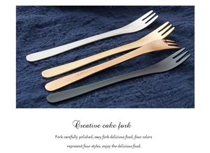 Detail view of 304 stainless steel cake forks in silver, gold, bronze, and black colors
