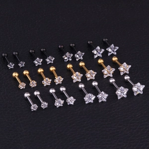 Star-shaped stainless steel zircon ear studs in silver, gold, and black finishes