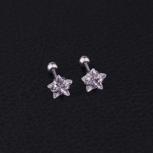 Macro shot of a pair of silver pentagram stud earrings with sparkling cubic zirconia inlay