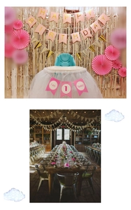 Pink and gold 1st birthday party decoration set with Happy Birthday banner and fringe