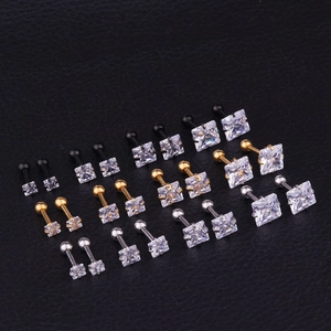 Square zircon stud earrings shown in gold, silver, and black with four size variations