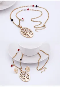 Detailed view of Tree of Life jewelry set with gold necklace, colorful beads and earrings