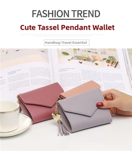 Short envelope wallets in macaron colors featuring tassel heart charms and gold chains