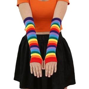 Detailed knit texture of 35cm rainbow striped arm sleeves with thumb hole and fingerless design