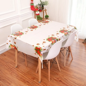 Christmas PVC rectangular tablecloth with festive poinsettia and golden bell patterns