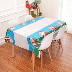 Blue and white Christmas PVC tablecloth featuring Santa, reindeer, and snowman patterns