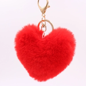Detailed view of red heart plush keychain with premium gold metal ring and buckle clasp