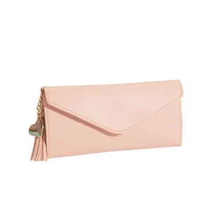 Pink long wallet for women with heart pendant, tassel detail and litchi grain texture
