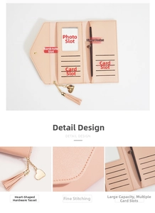 Detailed interior of a pink trifold wallet featuring heart pendant and tassel accents