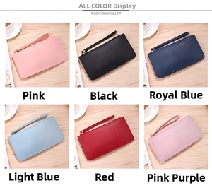 Matrix display of multi-color long wallets in pink, black, blue, and red with wrist straps