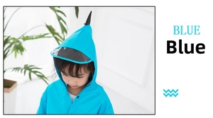 Blue children's hooded raincoat with dinosaur horns and transparent rain shield screen
