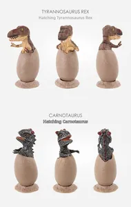 Detail view of T-Rex and Carnotaurus baby dinosaur models hatching from eggs with bases
