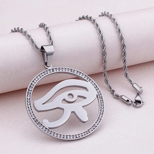 Gold-plated stainless steel Eye of Horus necklace with round sparkling crystal frame