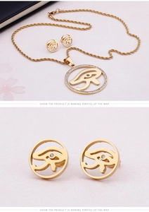 Detail of Eye of Horus jewelry set with gold plating and sparkling rhinestones