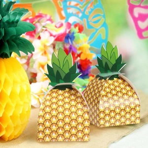 DIY pineapple shaped paper favor box with green leaves for tropical party candy gift