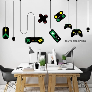 Gamer wall decal set featuring neon gamepads and mice for modern home office decor