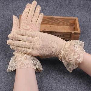 Elegant beige floral lace gloves with double-layered ruffled cuffs for a classic formal look