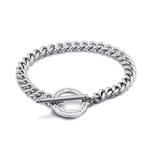 Silver stainless steel Cuban chain bracelet with crystal-studded toggle clasp and T-bar