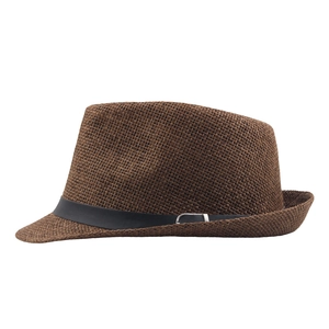 Classic dark brown woven straw jazz hat with black band and silver buckle for summer