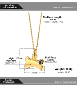 Detailed view of bone shaped stainless steel pet cremation urn necklace with paw print