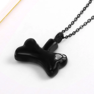 Memorial dog bone cremation pendant necklace in black stainless steel for pet ashes