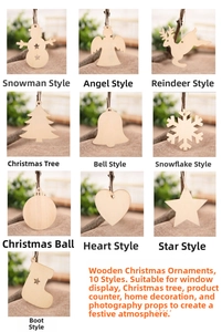 Set of 10 assorted wooden Christmas pendants featuring snowman, angel, and elk designs